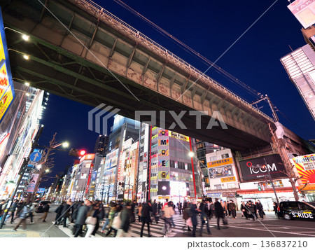 Akihabara's JR elevated railway and nighttime electronics district, Tokyo Akihabara's JR elevated railway and nighttime electronics district, Tokyo 136837210