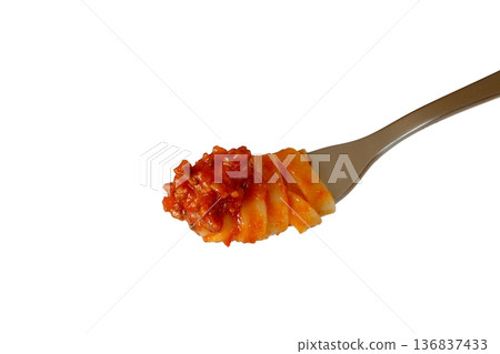 Tagliatelle with Bolognese wrapped with a fork on a white background Tagliatelle with Bolognese wrapped with a fork on a white background 136837433