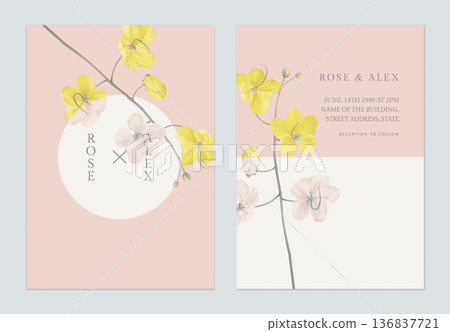 Minimalist floral wedding invitation card template, golden shower flowers  on white and pink 136837721