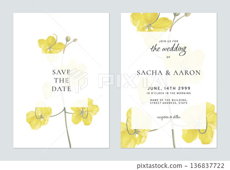 Floral wedding invitation card template golden shower flowers on white 136837722