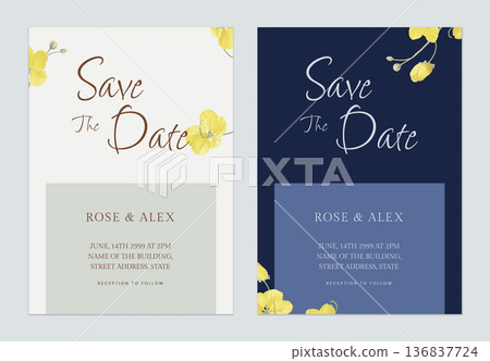 Floral wedding invitation card template design, light and dark theme decorated with golden shower flowers 136837724