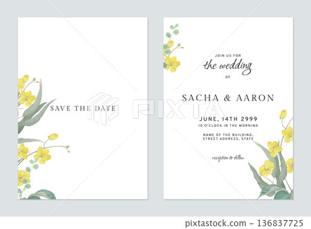 Floral wedding invitation card template golden shower flowers  and leaves on white 136837725