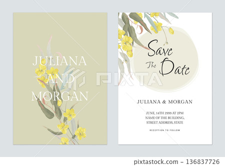 Floral wedding invitation card template golden shower flowers and leaves on white Floral wedding invitation card template golden shower flowers and leaves on white 136837726