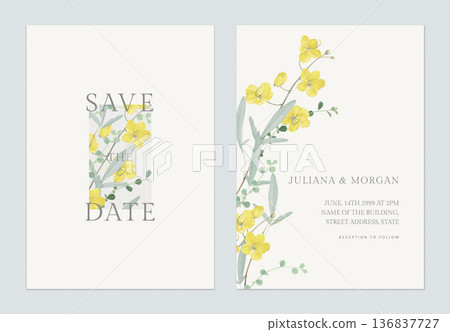 Floral wedding invitation card template golden shower flowers  and leaves on bright yellow 136837727