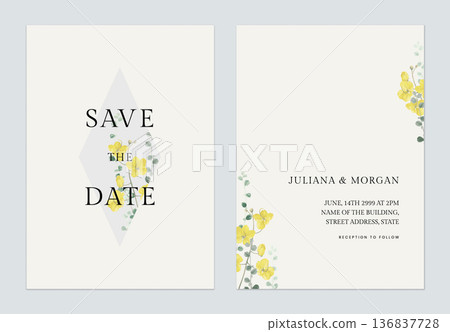 Floral wedding invitation card template golden shower flowers  and leaves on bright yellow 136837728