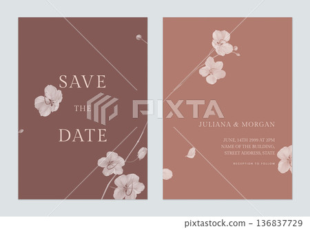 Minimalist floral wedding invitation card template, monochrome golden shower flowers  and leaves in beige tone 136837729