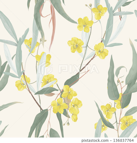 Floral seamless pattern, yellow golden shower flowers and eucalyptus leaves on bright yellow Floral seamless pattern, yellow golden shower flowers and eucalyptus leaves on bright yellow 136837764
