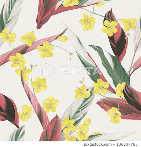 Floral seamless pattern, golden shower flowers and Ctenanthe oppenheimiana on bright brown Floral seamless pattern, golden shower flowers and Ctenanthe oppenheimiana on bright brown 136837765