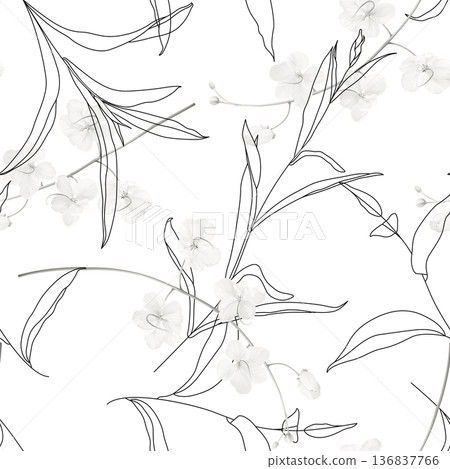 Floral seamless pattern, black and white golden shower flowers and line art leaves on white 136837766