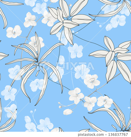 Floral seamless pattern, black and white golden shower flowers and line art leaves on blue 136837767