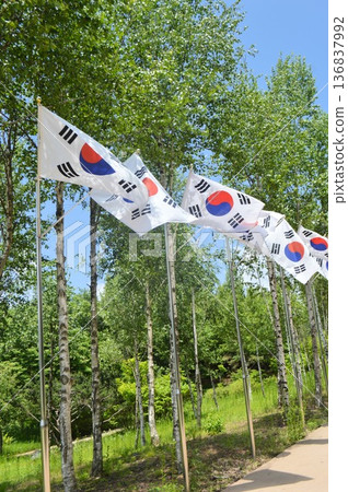 A view of the Taegeukgi flying at Baengma Highlands in Cheorwon County, Gangwon Special Self-Governing Province, South Korea A view of the Taegeukgi flying at Baengma Highlands in Cheorwon County, Gangwon Special Self-Governing Province, South Korea 136837992