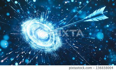 A single arrow stuck in the center of a glowing blue holographic target A single arrow stuck in the center of a glowing blue holographic target 136838004