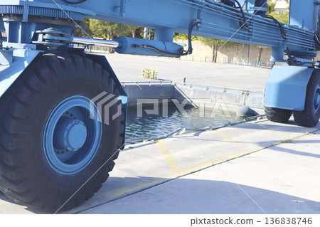 Large Blue Crane Wheel At Dockside Area Large Blue Crane Wheel At Dockside Area 136838746