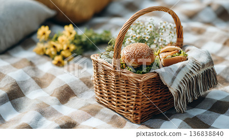 在格紋毯上進行戶外春季野餐 136838840