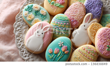 漂亮的兔子形狀復活節餅乾，配上柔和色調的糖霜 136838849