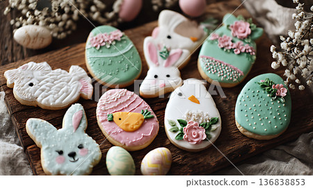 漂亮的兔子形狀復活節餅乾，配上柔和色調的糖霜 136838853