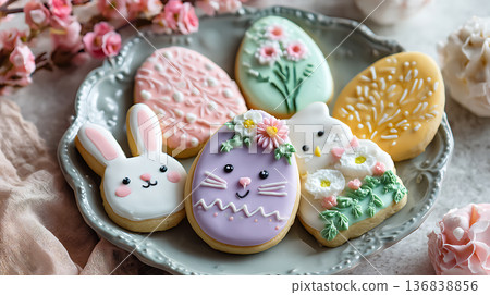 漂亮的兔子形狀復活節餅乾，配上柔和色調的糖霜 136838856