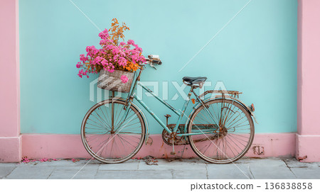 Vintage bicycle with flower basket against a pastel wall 136838858