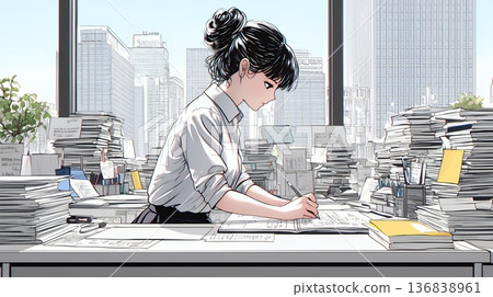 辦公室裡，一位女士正在辦公桌前仔細檢查文件。 136838961
