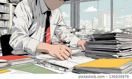 A man carefully checking documents at his desk in an office 136838976