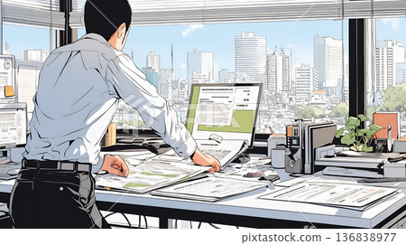 辦公室裡，一名男子在辦公桌前仔細檢查文件。 136838977
