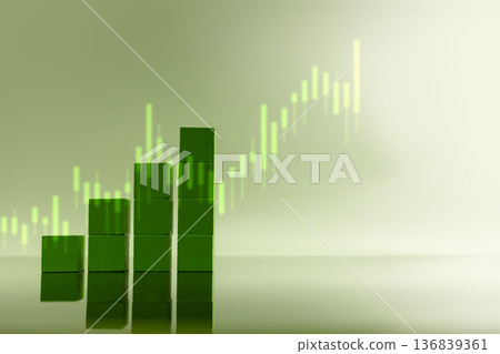 Green bar chart rising with positive trend. Economic growth, sustainable investment 136839361