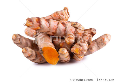 Turmeric Herb Contains Bioactive Compounds isolated over white background. Turmeric Herb Contains Bioactive Compounds isolated over white background. 136839486