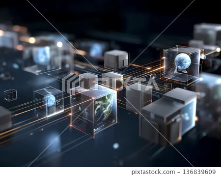 分散式資料網路的抽象CG | AI雲端協作、區塊鏈、數位社會概念 136839609