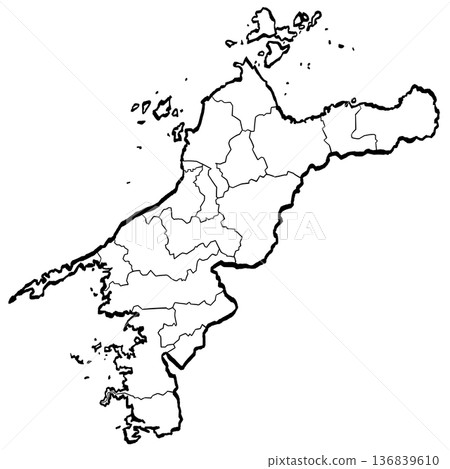 Ehime Prefecture Map - City and Town Division Illustration (Brush Touch) Simple 136839610
