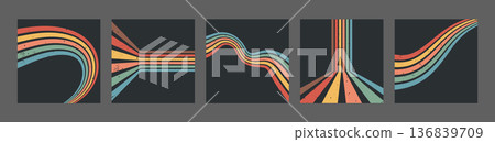 Stripe rainbow groovy. Set of Artistic square backdrops with playful geometric arches on dark. Vintage wallpaper and modern graphic layouts. Retro vector illustration Stripe rainbow groovy. Set of Artistic square backdrops with playful geometric arches on dark. Vintage wallpaper and modern graphic layouts. Retro vector illustration 136839709