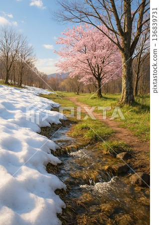 A Satoyama landscape with lingering snow and hints of spring. 136839731