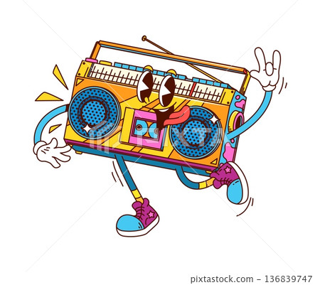 Cartoon retro groovy tape recorder character featuring bright funky colors, buttons, antenna and speakers. Isolated vector vintage boombox personage in sneakers and gloves, smiles and flashing rock Cartoon retro groovy tape recorder character featuring bright funky colors, buttons, antenna and speakers. Isolated vector vintage boombox personage in sneakers and gloves, smiles and flashing rock 136839747