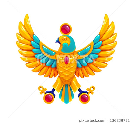 Cartoon Egypt falcon with wings and gemstones. Vector Egypt game icon asset of God Horus, ancient Egyptian treasure. Sacred symbol, protective relic. Golden bird with jewels, magical divine artifact 136839751