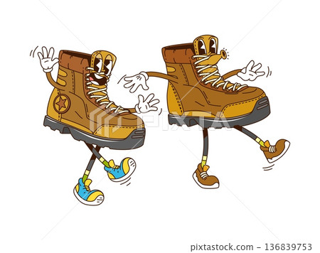 Cartoon groovy hiking shoes funky characters with funny faces, vector travel or camping objects. Groovy hiking boot characters whistling with silly smile and Hi gesture walking in hipster shoes 136839753