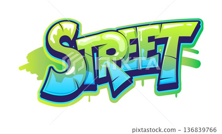 Street Street graffiti, funky paint spray typography. Hip Hop culture airbrush drawing, urban street vector graffiti spray. Street wall tag text or typography with blue and blue, cracked letters 136839766