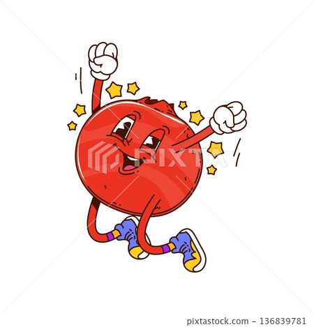 Cartoon groovy cranberry berry character happily jumping with raised arms and stars. Isolated vector red berry fruit retro personage wearing retro hippie sneakers and exuding funky y2k vintage vibes Cartoon groovy cranberry berry character happily jumping with raised arms and stars. Isolated vector red berry fruit retro personage wearing retro hippie sneakers and exuding funky y2k vintage vibes 136839781
