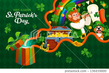 Paper cut happy St Patrick's day festive banner. 3d Vector lucky greeting card for holiday celebration and march party with Irish cartoon leprechaun character, rainbow, treasure chest and gold coins Paper cut happy St Patrick's day festive banner. 3d Vector lucky greeting card for holiday celebration and march party with Irish cartoon leprechaun character, rainbow, treasure chest and gold coins 136839800