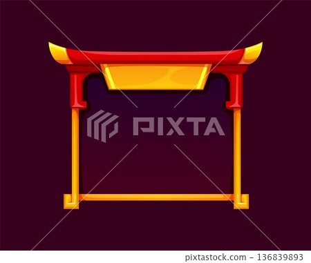 Asian roof frame of Chinese temple gate or Japanese pagoda and oriental house arch, vector design element. Asian roof frame of Japanese shrine arch with red and golden borders for decoration Asian roof frame of Chinese temple gate or Japanese pagoda and oriental house arch, vector design element. Asian roof frame of Japanese shrine arch with red and golden borders for decoration 136839893