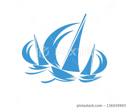 Yachting sport icon, three racing sailboats in motion. Vector regatta club emblem with blue sail boats on sea waves. Marine label, symbol of teamwork, ocean adventure, nautical competition and travel Yachting sport icon, three racing sailboats in motion. Vector regatta club emblem with blue sail boats on sea waves. Marine label, symbol of teamwork, ocean adventure, nautical competition and travel 136839903