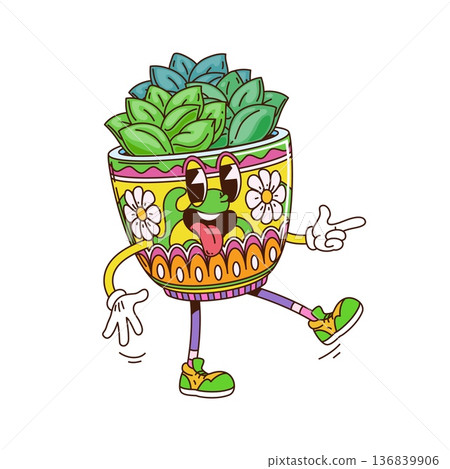 Cartoon groovy potted plant character with a smiling face, walking and sticking out its tongue. Funky vector mascot for botanical branding, plant emoji, vintage garden graphics, and gardening projects Cartoon groovy potted plant character with a smiling face, walking and sticking out its tongue. Funky vector mascot for botanical branding, plant emoji, vintage garden graphics, and gardening projects 136839906