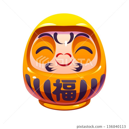 Japanese Daruma doll with cheerful smiling face, closed eyes and red lips or bold black details. Vector Japanese kanji symbols on body of Daruma Japanese doll of Japan culture symbol and talisman Japanese Daruma doll with cheerful smiling face, closed eyes and red lips or bold black details. Vector Japanese kanji symbols on body of Daruma Japanese doll of Japan culture symbol and talisman 136840113