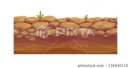 Game ground soil layer of desert sand and stones of underground rocky terrain, vector texture section. Ground soil for game assets of earth layer with desert rocks and grass in seamless cartoon Game ground soil layer of desert sand and stones of underground rocky terrain, vector texture section. Ground soil for game assets of earth layer with desert rocks and grass in seamless cartoon 136840119