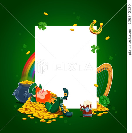 Happy St Patrick's day banner with cartoon leprechaun character resting on golden coins, pot of gold, rainbow and shamrock, horseshoe, harp and green beer mug Vertical festive Irish holiday frame 136840120