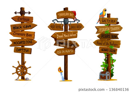 Cartoon wooden pirate and corsair signboards, medieval signages with vector treasure chest, sea ship wheel, sword and parrot. Pirate adventure game UI assets set of old wood plank arrow signboards Cartoon wooden pirate and corsair signboards, medieval signages with vector treasure chest, sea ship wheel, sword and parrot. Pirate adventure game UI assets set of old wood plank arrow signboards 136840136