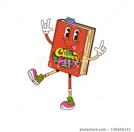 Groovy clever book character. Dancing book with green and pink sneakers, sticking out its tongue. Funky vector mascot for library promotions, hipster educational graphics, or retro learning themes Groovy clever book character. Dancing book with green and pink sneakers, sticking out its tongue. Funky vector mascot for library promotions, hipster educational graphics, or retro learning themes 136840141