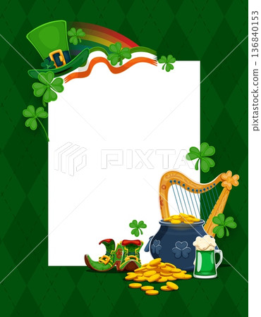 Happy Saint Patrick's Day festive banner with leprechaun gold coins pot, vector greeting card. Shamrock clovers, Irish flag and rainbow with celtic harp and green beer for St Patrick frame banner Happy Saint Patrick's Day festive banner with leprechaun gold coins pot, vector greeting card. Shamrock clovers, Irish flag and rainbow with celtic harp and green beer for St Patrick frame banner 136840153