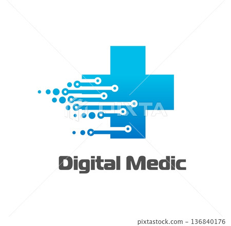 Digital health care icon. Modern vector symbol featuring a blue cross with dots. Minimalist design for healthcare technology companies, telemedicine services, or medical startups 136840176