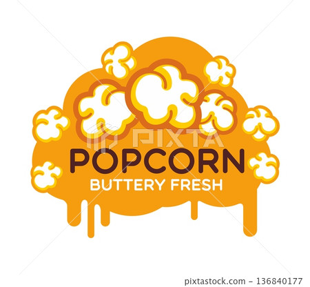 Popcorn icon of cinema pop corn for movie theater snack bar menu, vector label. Popcorn splash of pop corn kernels in sweet caramel melt with yellow butter drips for cinema theater and movie snack Popcorn icon of cinema pop corn for movie theater snack bar menu, vector label. Popcorn splash of pop corn kernels in sweet caramel melt with yellow butter drips for cinema theater and movie snack 136840177