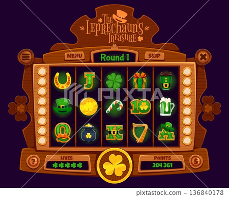 Online casino slot game board with Saint Patrick's day lucky symbols, cartoon vector. Slot machine or lucky gamble poker win board with Patrick shamrock clover, green ale pint and golden horseshoe 136840178