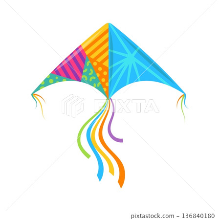 Color festive paper kite with triangular sections decorated in orange stripes, pink and purple diagonals, green dots and blue rays. Long rainbow ribbons flow from the bottom Color festive paper kite with triangular sections decorated in orange stripes, pink and purple diagonals, green dots and blue rays. Long rainbow ribbons flow from the bottom 136840180